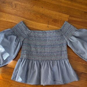 Blue Smocked Peasant off the shoulder Blouse